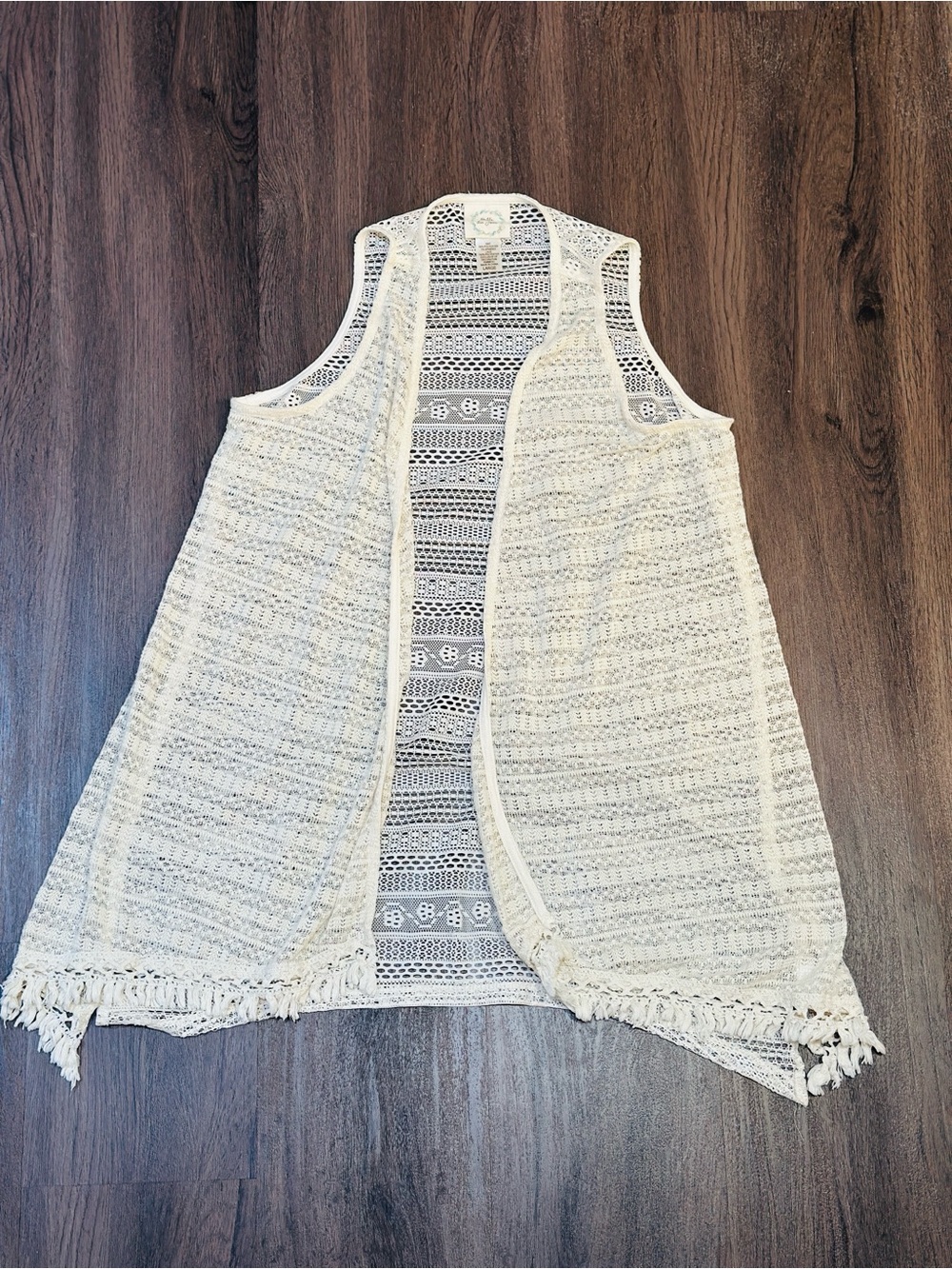 Boho Fringe Crochet Lace Vest Large Ivory Open Front Festival Style - Picture 6 of 10